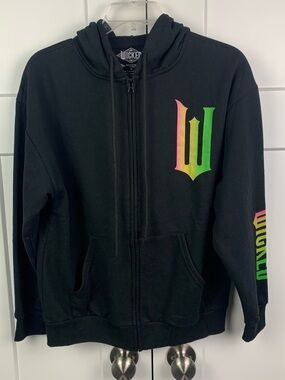 Wicked Glinda & Elphaba Black Long Sleeve Zip Front Hoodie SMALL Musical Sweatsh
